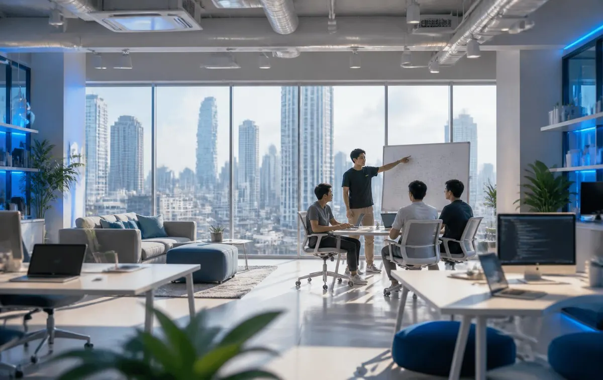 Founders and developers collaborating in a sunlit Bangkok coworking loft